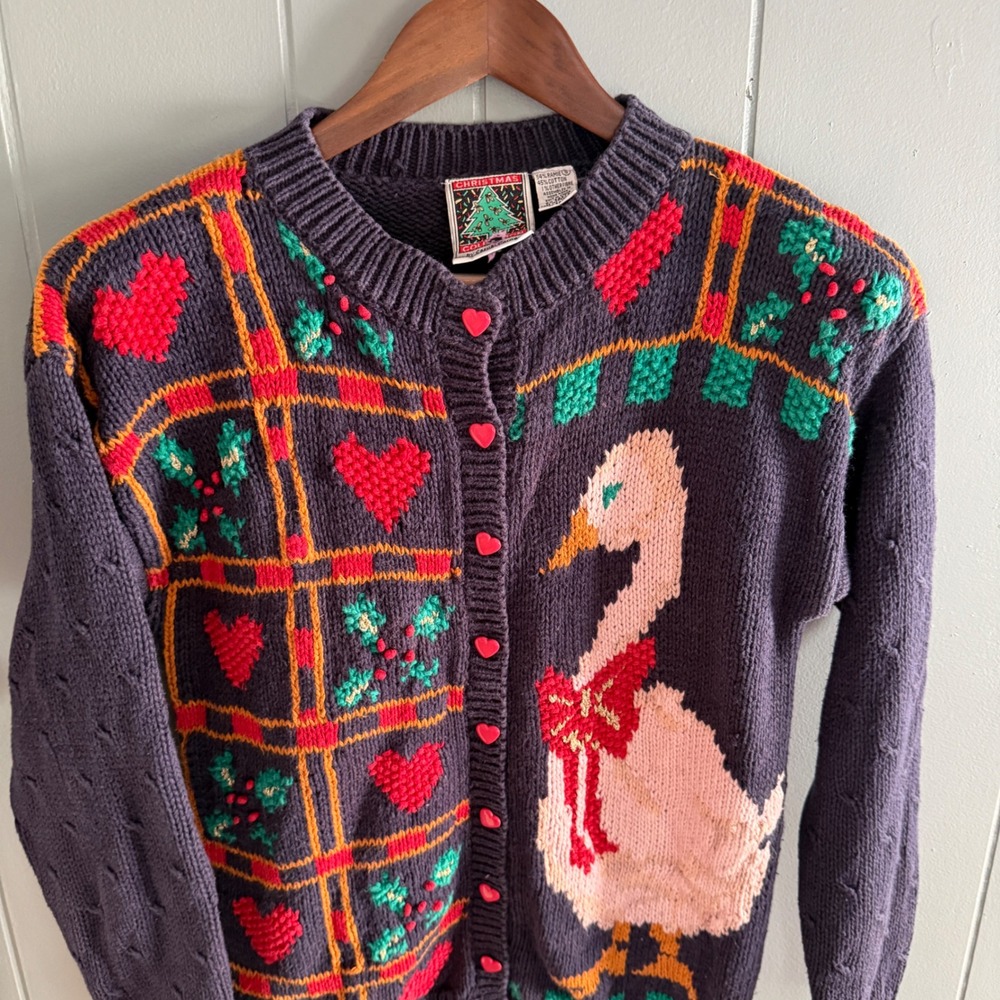 Vtg Casual Corner Christmas Porch Goose Heart Button Cardigan Sweater Navy Small - Picture 9 of 9